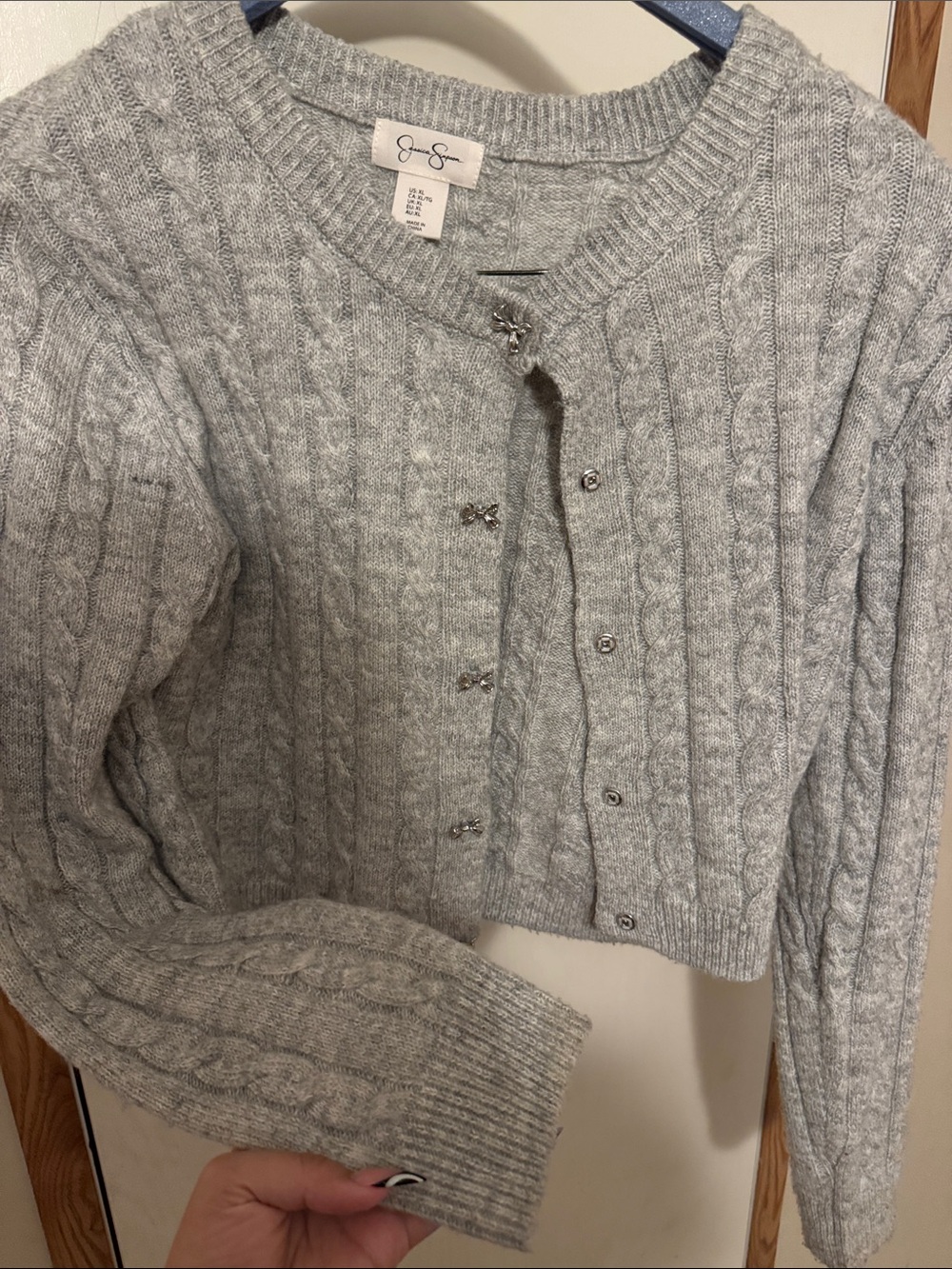 Joan Vass Heather Gray Cable-Knit Crewneck Cardigan